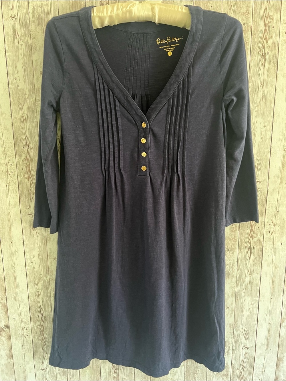 Lilly Pulitzer Navy Pintuck V-Neck Dress Gold Buttons Classic Preppy XS